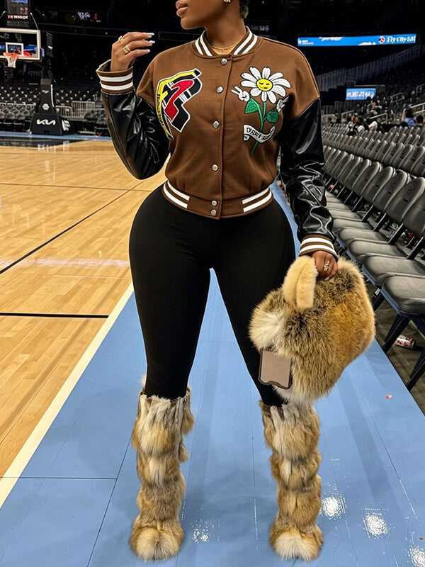 Faux-Leather Combo Embroidery Bomber Jacket