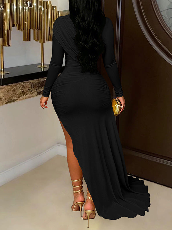 Solid Ruched Draped Bodycon Dress