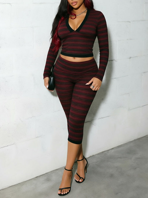 Stripe V-Neck Tee & Capri Pants Set
