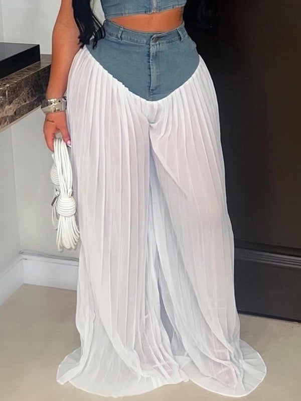 Denim Combo Pleated Pants