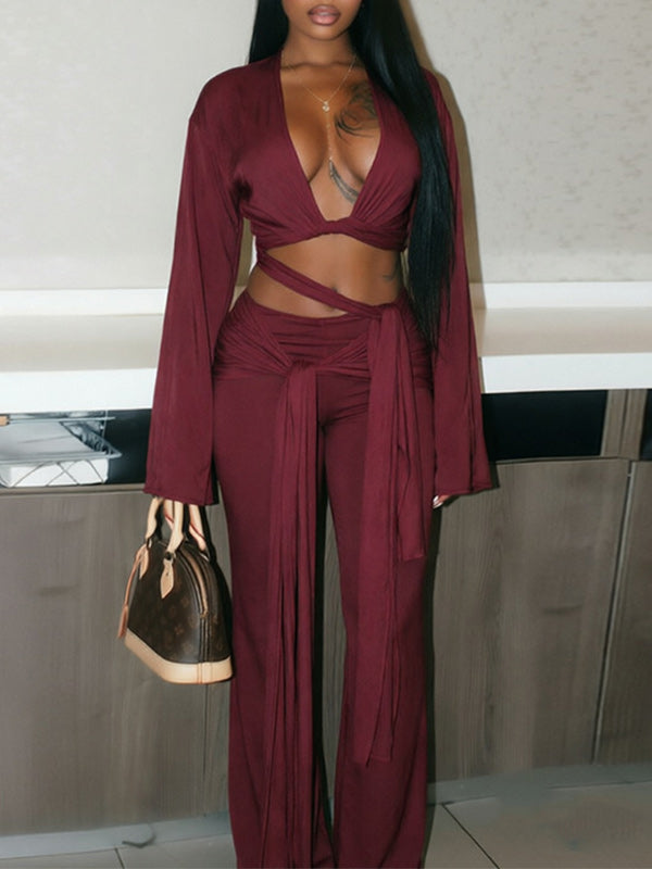 V-Neck Tied Top & Pants Set