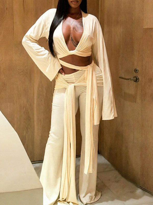 V-Neck Tied Top & Pants Set