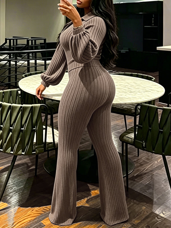 Ribbed Puff-Sleeve Polo Top & Pants Set