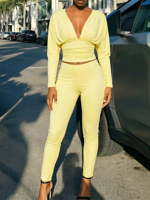 Solid V-Neck Top & Pants Set