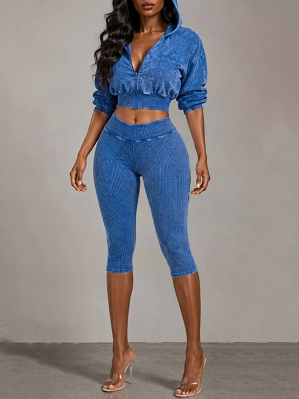 Wash Zip-Front Hoodie & Capri Pants Set