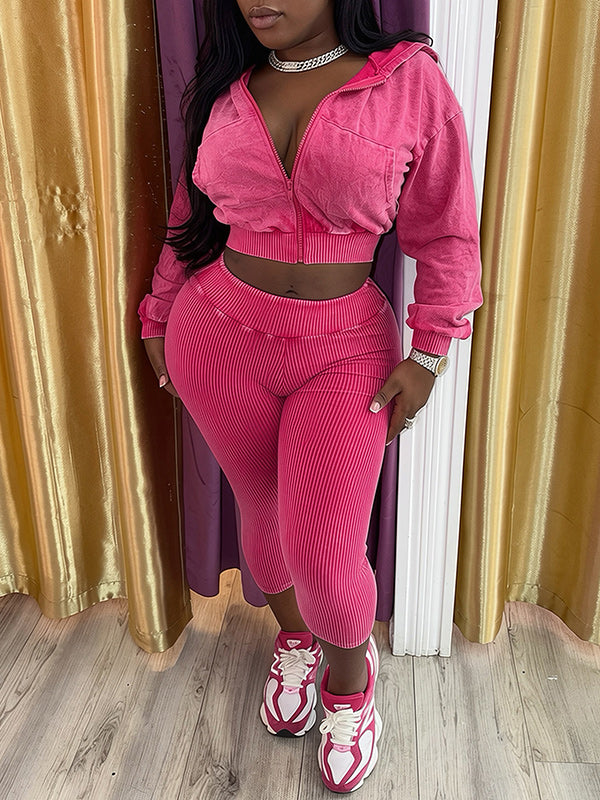 Wash Zip-Front Hoodie & Capri Pants Set