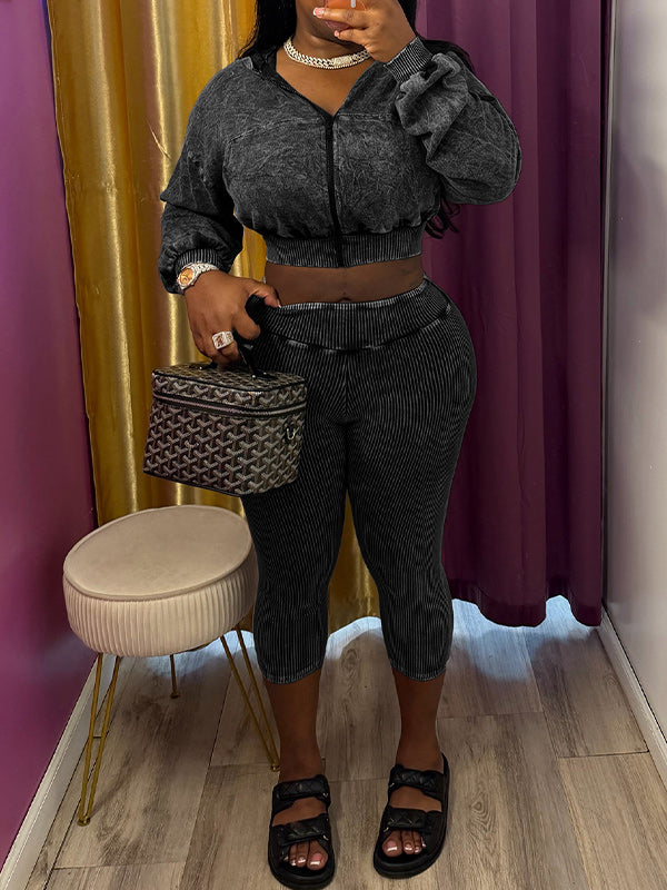 Wash Zip-Front Hoodie & Capri Pants Set