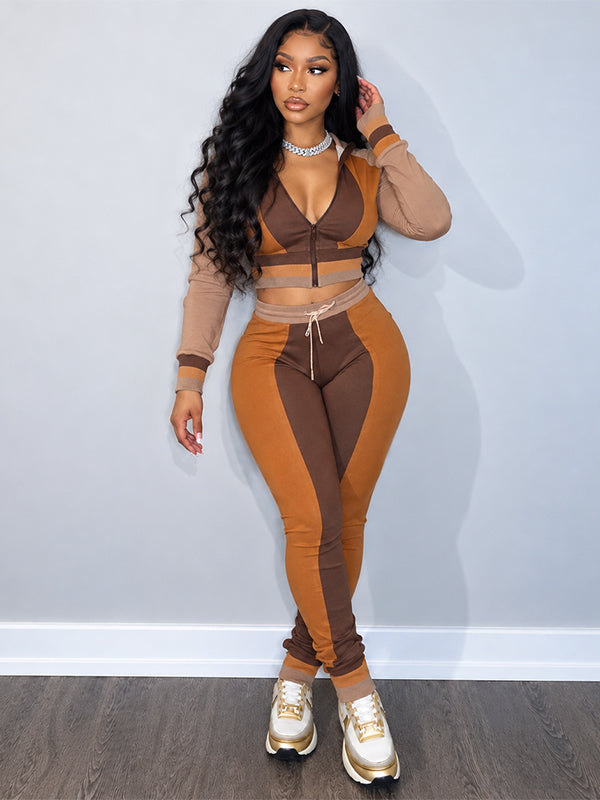 Colorblock Top & Drawstring Pants Set