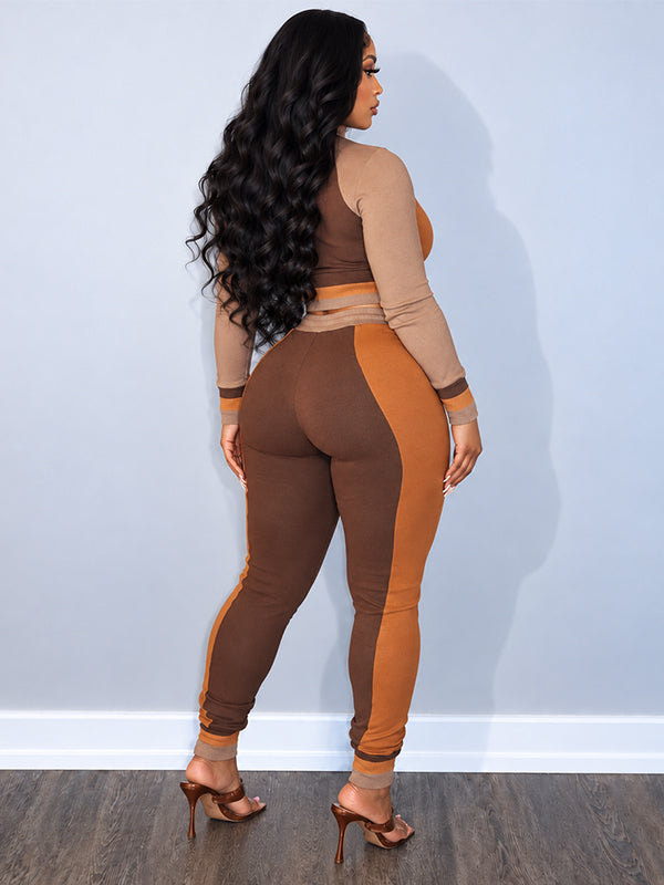 Colorblock Top & Drawstring Pants Set