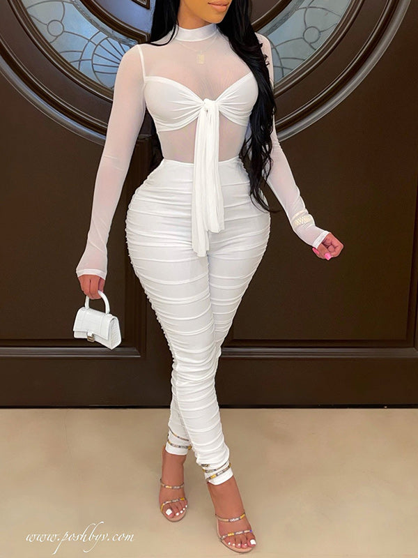 Sheer-Combo Ruched Jumpsuit