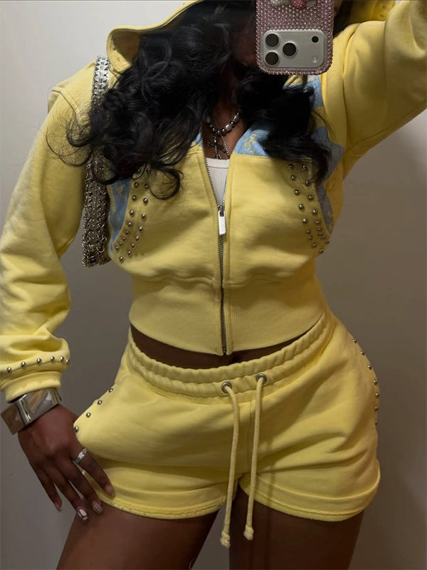Studded Zip-Front Hoodie & Shorts Set