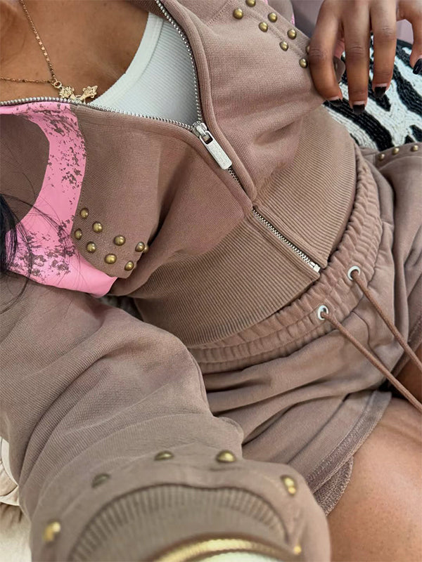 Studded Zip-Front Hoodie & Shorts Set