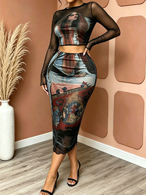 Printed Sheer Top & Skirt Set