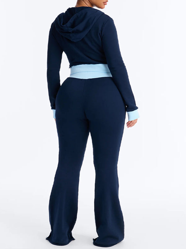 Contrast Zip-Front Hoodie & Pants Set