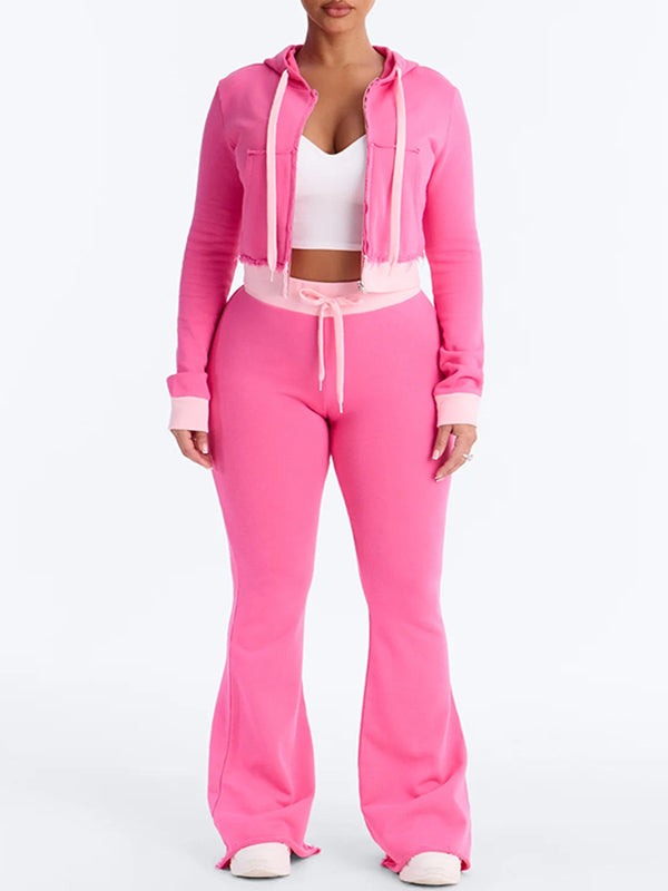 Contrast Zip-Front Hoodie & Pants Set
