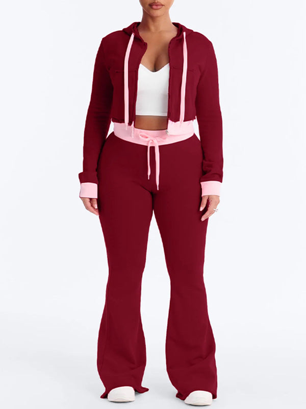 Contrast Zip-Front Hoodie & Pants Set