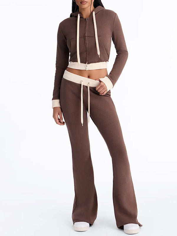 Contrast Zip-Front Hoodie & Pants Set