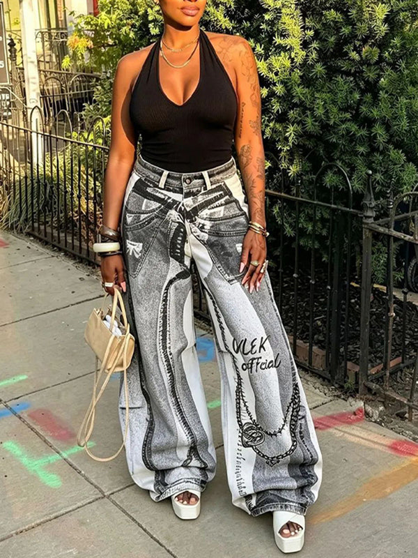 Printed Wide-Leg Jeans