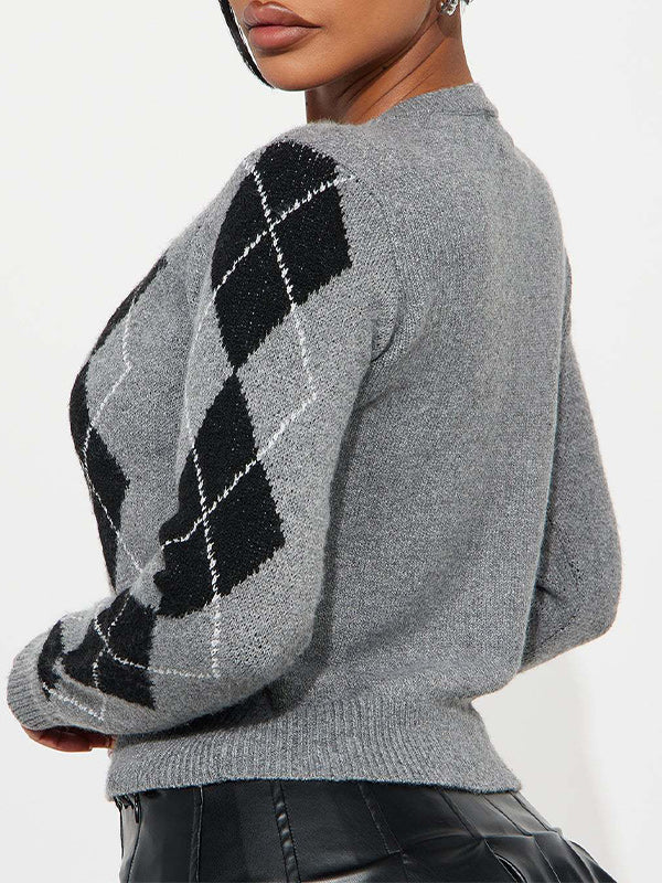 Argyle Button-Up Knit Cardigan