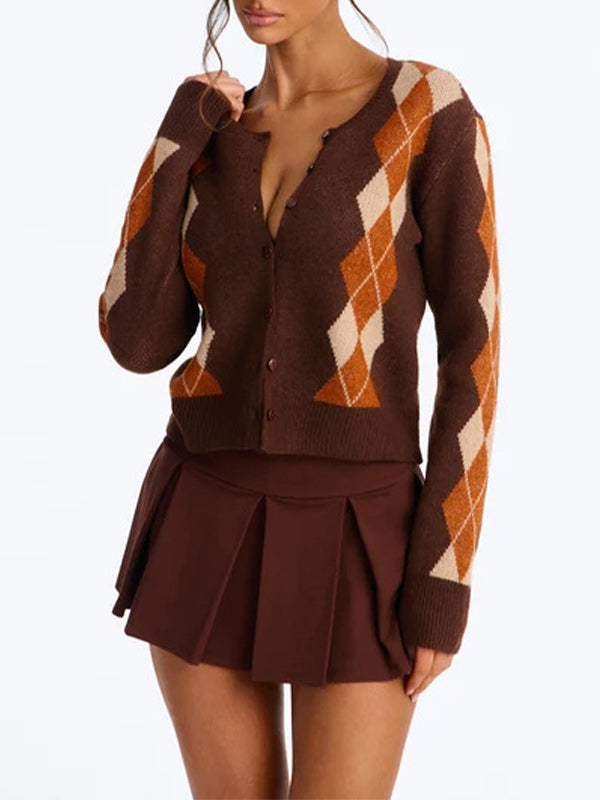 Argyle Button-Up Knit Cardigan
