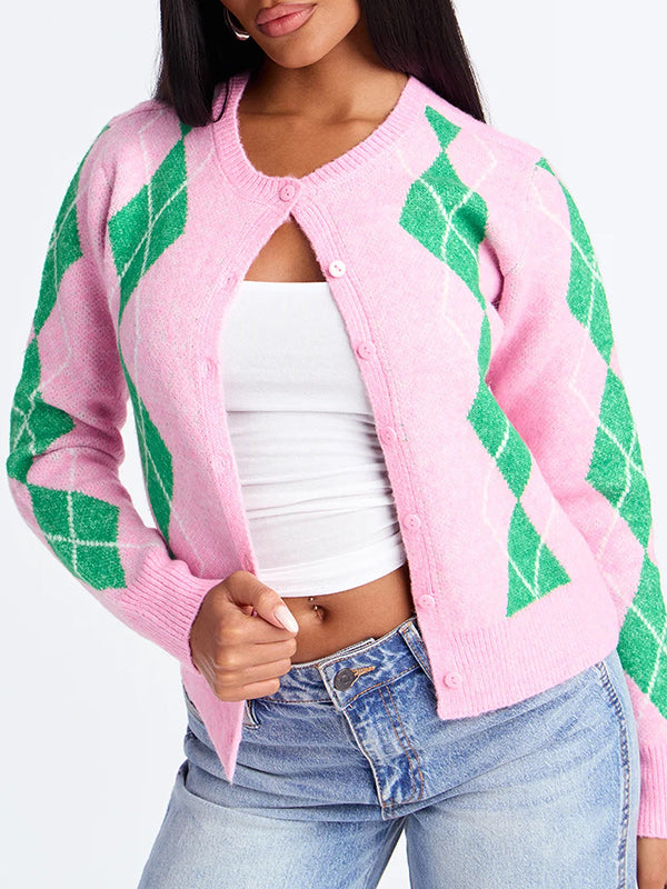 Argyle Button-Up Knit Cardigan