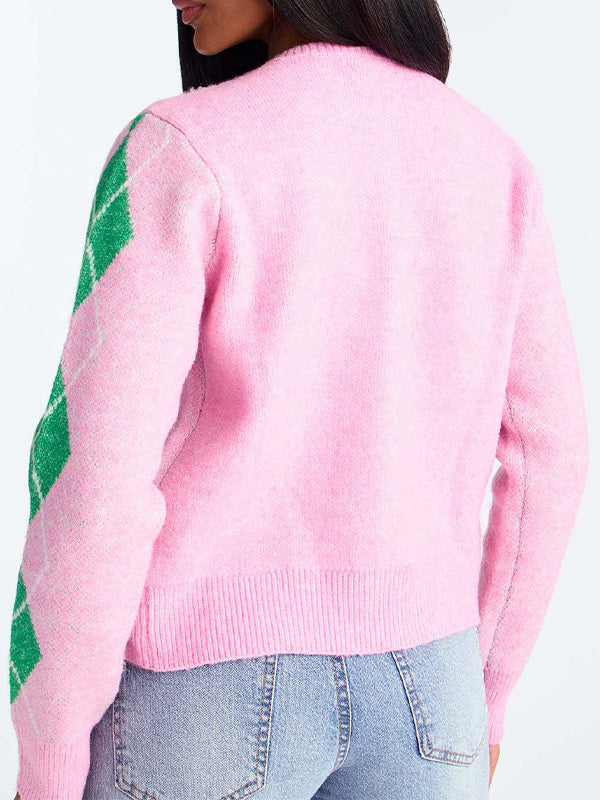 Argyle Button-Up Knit Cardigan