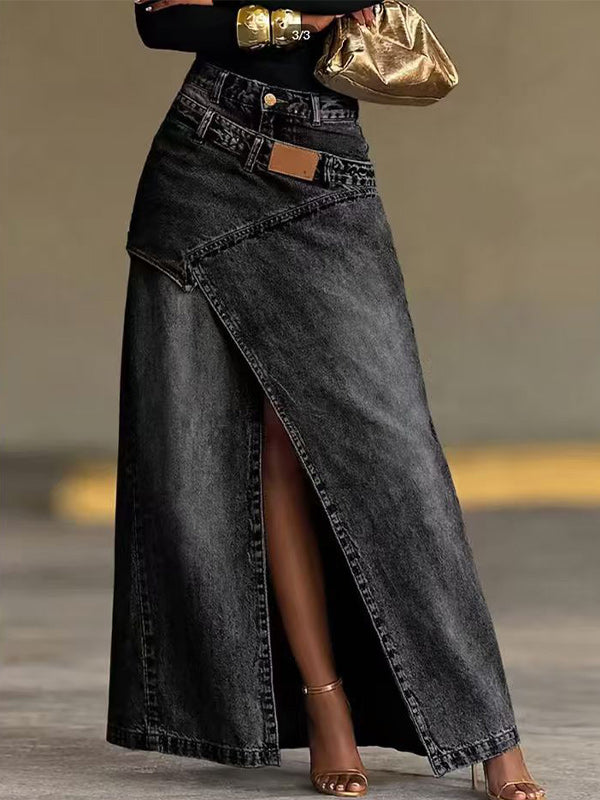 Double-Waist Slit Denim Skirt