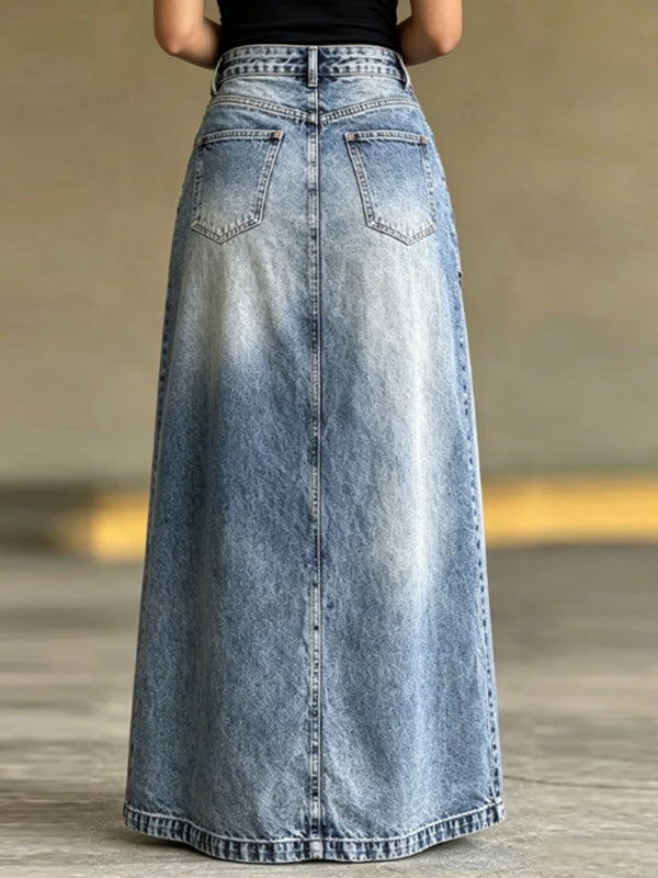 Double-Waist Slit Denim Skirt