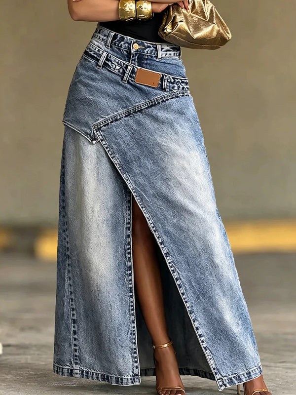 Double-Waist Slit Denim Skirt