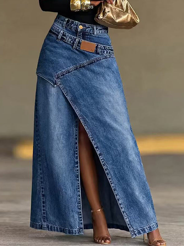 Double-Waist Slit Denim Skirt