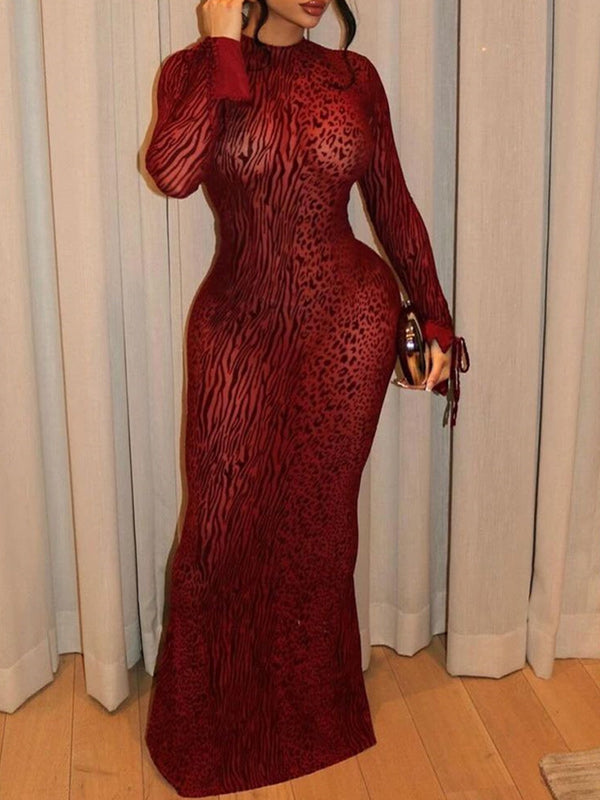 Leopard Open-Back Sheer Maxi Dress