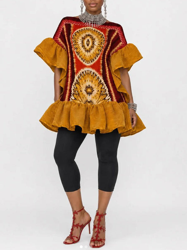 Ruffle Combo Printed Tunic Top