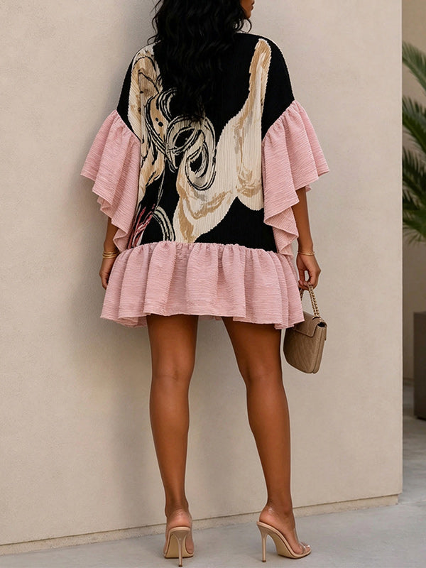 Ruffle Combo Printed Tunic Top