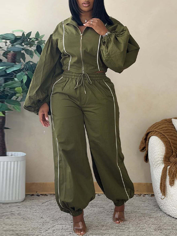 Stripe Puff-Sleeve Jacket & Pants Set