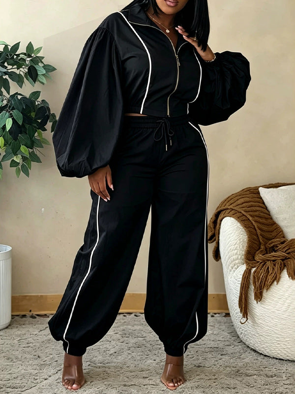 Stripe Puff-Sleeve Jacket & Pants Set