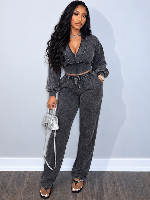 Solid Cropped Top & Drawstring Pants Set