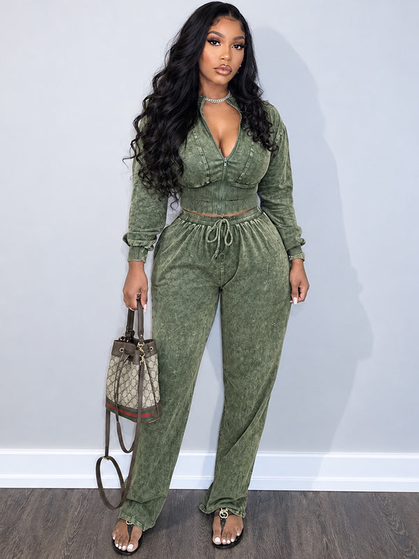 Solid Cropped Top & Drawstring Pants Set
