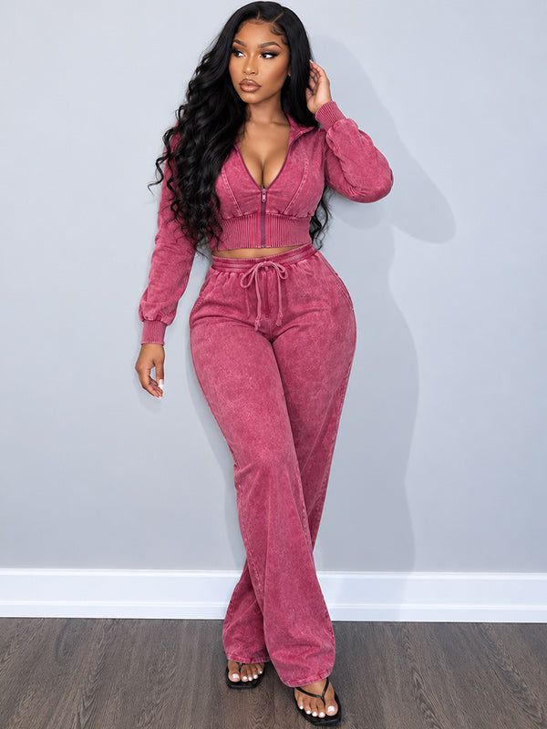 Solid Cropped Top & Drawstring Pants Set