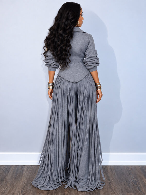 Sculpted Zip Up Jacket & Fringe Wide Leg Pants Set