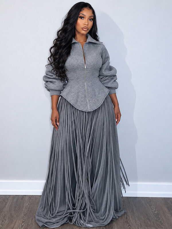 Sculpted Zip Up Jacket & Fringe Wide Leg Pants Set