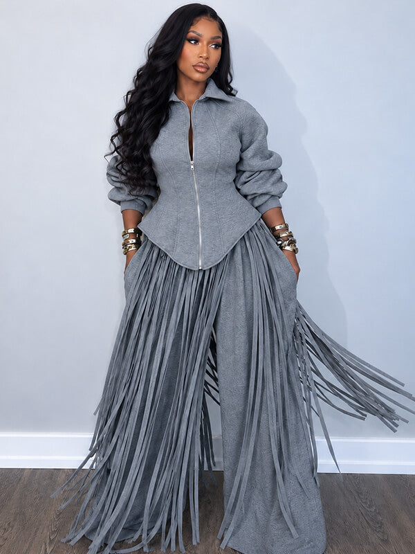 Sculpted Zip Up Jacket & Fringe Wide Leg Pants Set