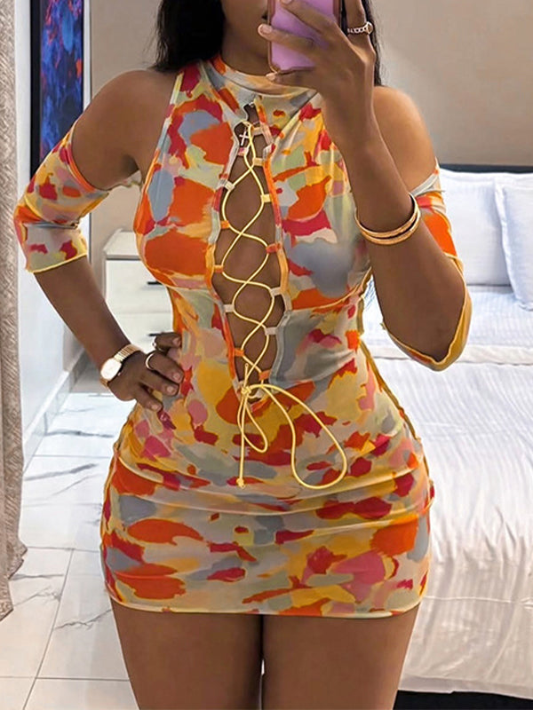 Printed Cold-Shoulder Lace-Up Dress