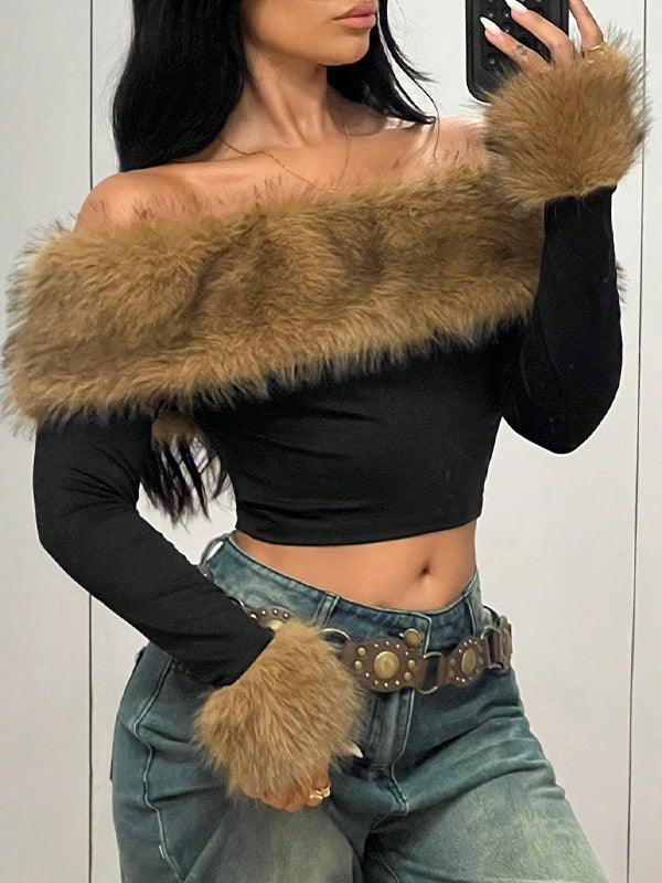 Faux-Fur Combo Off-Shoulder Top