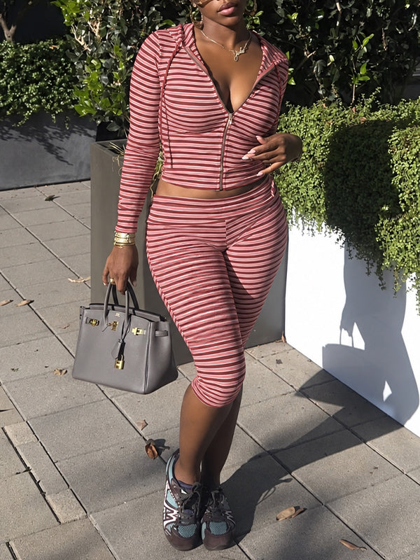 Stripe Zip-Front Hoodie & Capri Pants Set