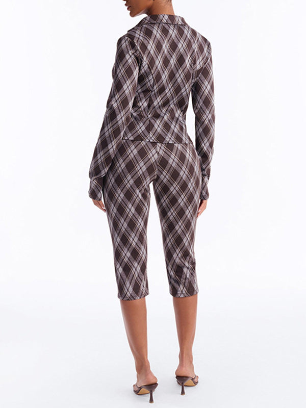Plaid Zip Top & Capri Pants Set