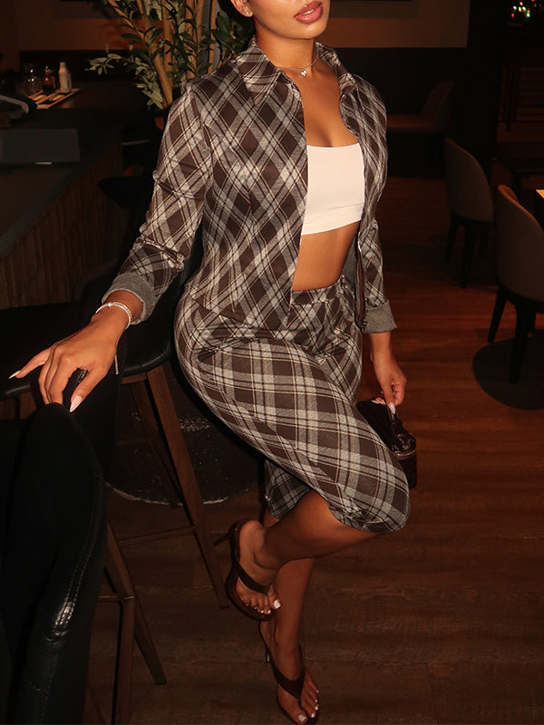 Plaid Zip Top & Capri Pants Set