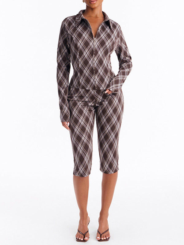 Plaid Zip Top & Capri Pants Set
