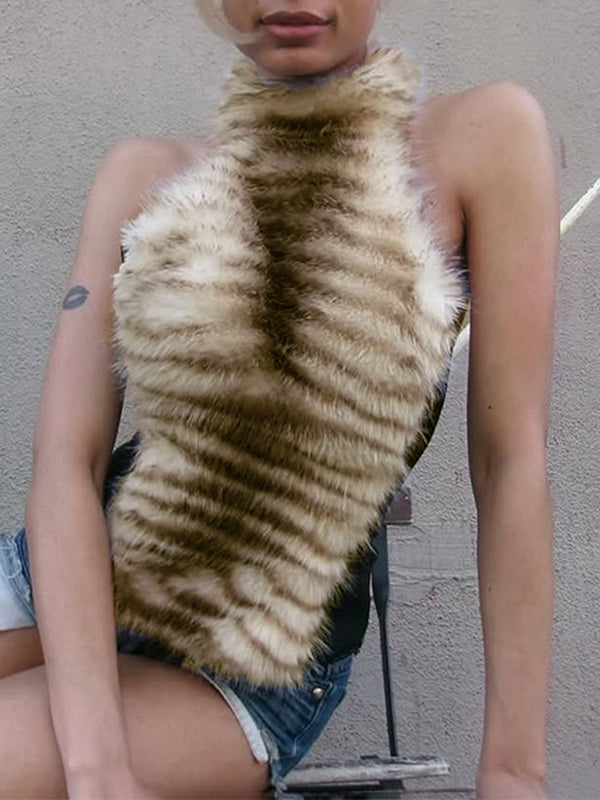 Faux-Fur Combo Halter Top