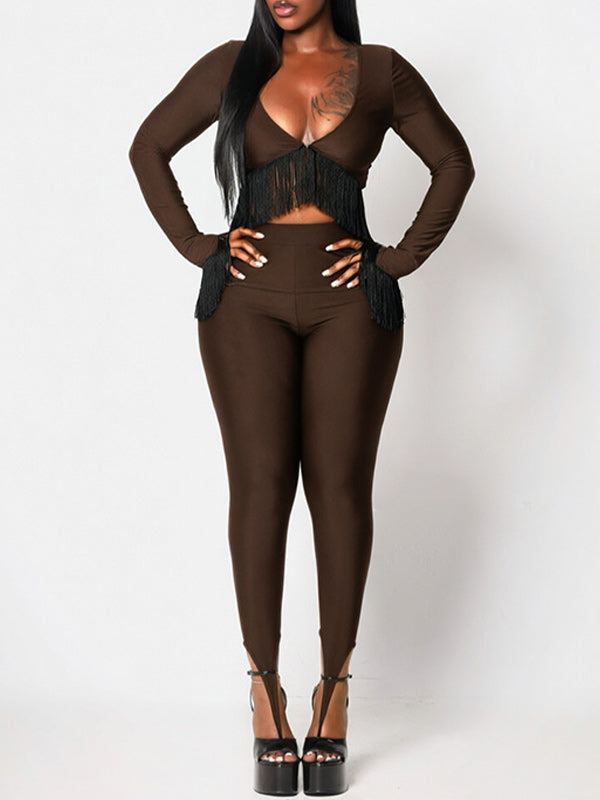 Fringe V-Neck Top & Pants Set