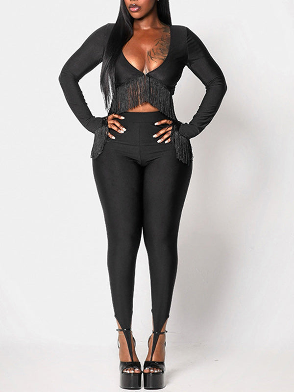 Fringe V-Neck Top & Pants Set